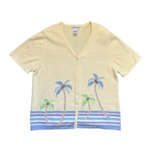 SALE VTG Alfred Dunner Yellow Palm Tree Cardigan Beads Embroidery Short Sleeve L